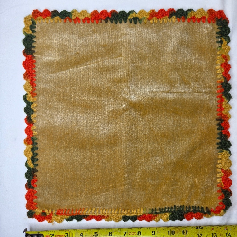 Vintage Gold Velvet Pillow Cover Handmade Crochet Scalloped Trim 14x14 Retro